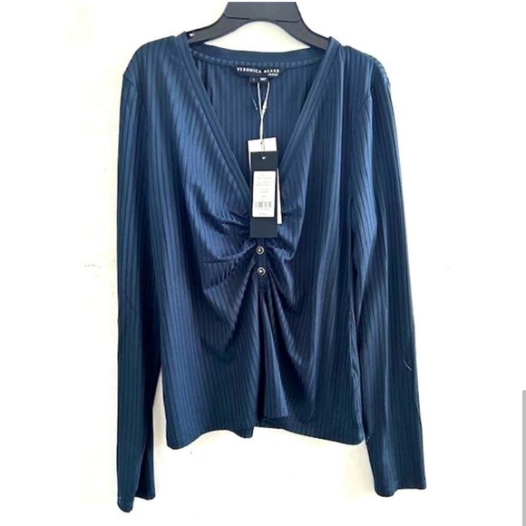 NWT! Veronica Beard Murray rib ruched henley top. Size large. Marine blue. - Picture 3 of 5